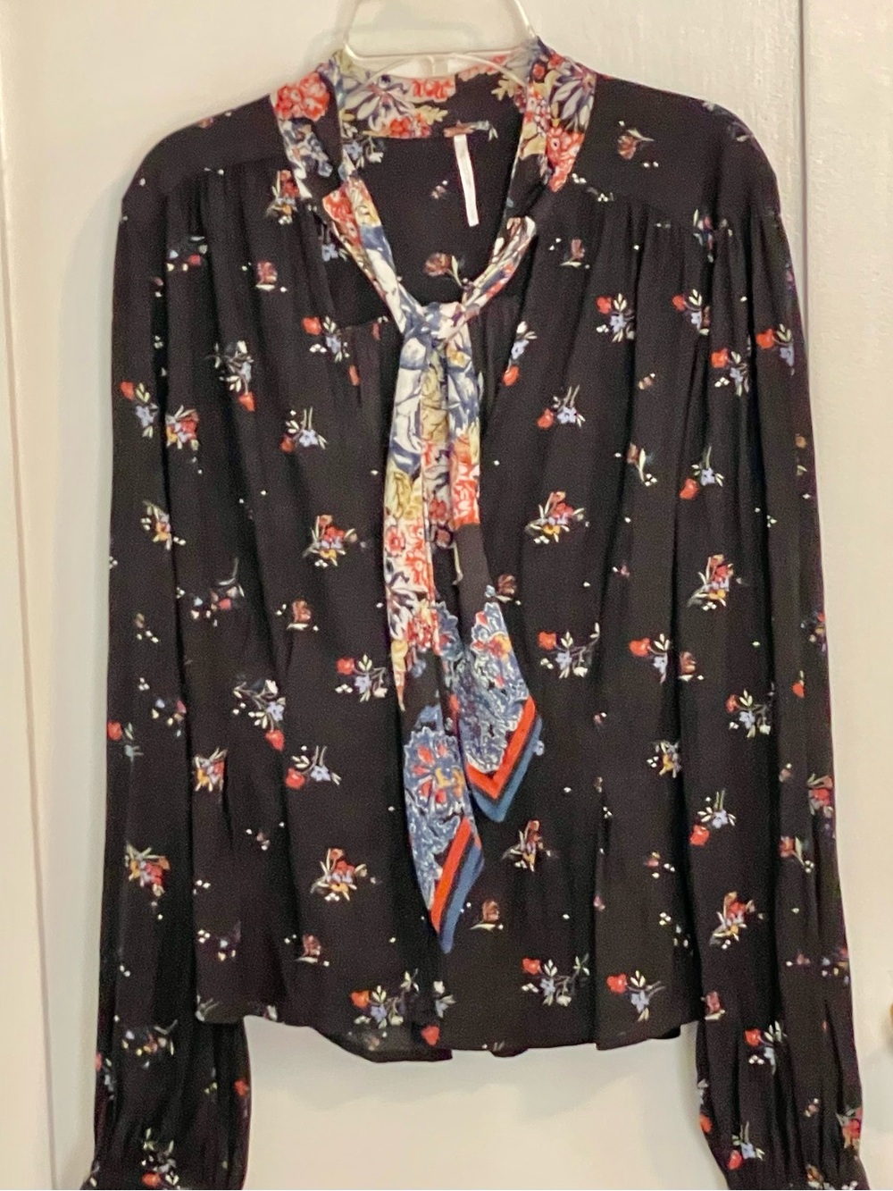 Free People Black Floral Neck Long Sleeve Blouse Tie Bohemian